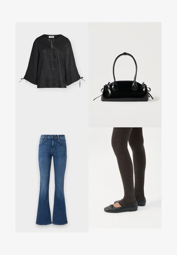 Blouse en lin noir avec manches larges trois-quarts, fente en V et liens aux poignets, présentée sur fond blanc.; Jean en denim bleu taille haute avec poches avant, passants de ceinture, fermeture par bouton et jambes larges évasées sur un fond uni clair.; Jambes portant des leggings côtelés foncés associés à des ballerines noires avec de petits détails en nœud sur fond blanc.; Petit sac à main noir brillant avec deux longues anses et des détails à cordon sur les côtés sur un fond clair uni.