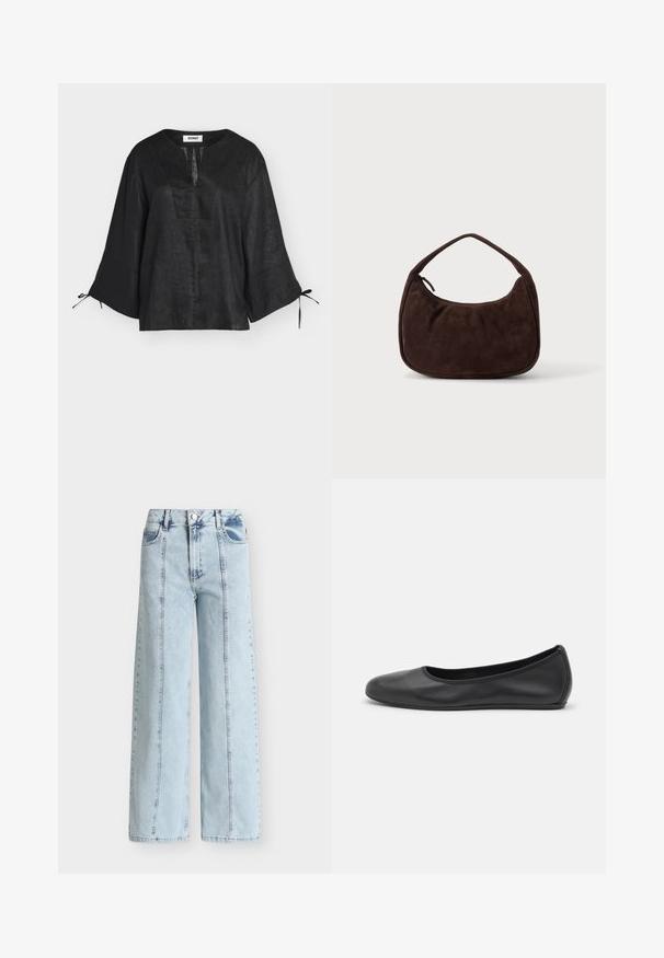 Blouse en lin noir avec manches larges trois-quarts, fente en V et liens aux poignets, présentée sur fond blanc.; Jean bleu clair taille haute à jambes droites, coutures verticales à l'avant, passants de ceinture, bouton devant et poches sur fond uni.; Ballerines en cuir noir avec un bout rond, texture lisse, détails de couture minimalistes et design de semelle flexible.; Sac à main en daim marron foncé avec une courte sangle et une forme rectangulaire arrondie sur un fond uni clair.