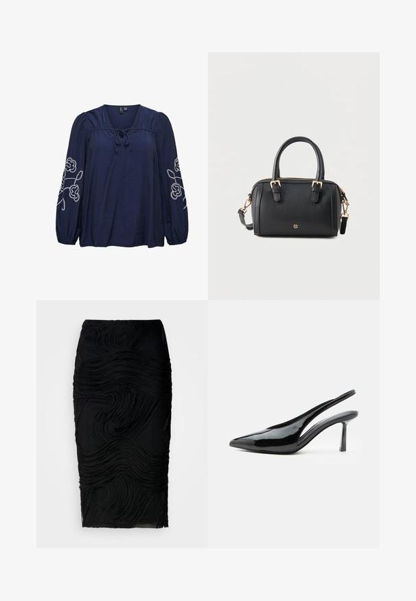 Blouse bleu marine avec manches longues bouffantes, broderie florale blanche sur les manches, encolure froncée et détail noué à l'avant.; Jupe crayon noire à mi-longueur avec des motifs texturés en vagues surélevées et une silhouette ajustée.; Escarpin slingback en cuir verni noir à talon haut, bout pointu et talon aiguille fin sur fond blanc.; Sac à main en cuir noir avec double poignées, détails de boucles dorées, une bandoulière amovible et un petit emblème rond doré à l'avant.