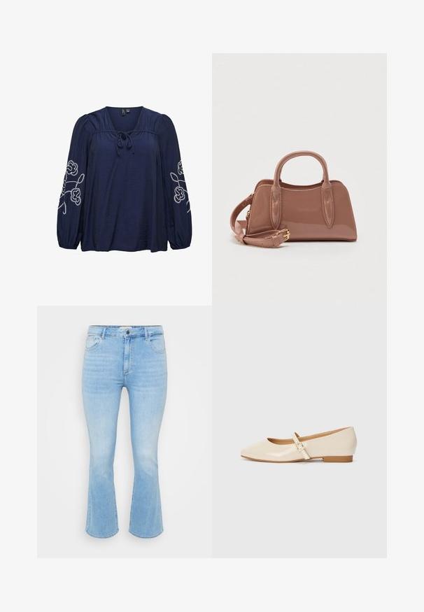 Blouse bleu marine avec manches longues bouffantes, broderie florale blanche sur les manches, encolure froncée et détail noué à l'avant.; Jeans en denim bleu clair avec une taille ajustée, une ouverture de jambe évasée, un design à cinq poches et une légère décoloration dans la texture du tissu.; Ballerines en cuir verni beige avec un embout carré, un petit talon et une bride ajustable à la cheville avec une boucle dorée.; Sac à main brillant couleur rose avec deux poignées supérieures, une bandoulière détachable et des détails de couture décorative. Forme compacte et structurée.