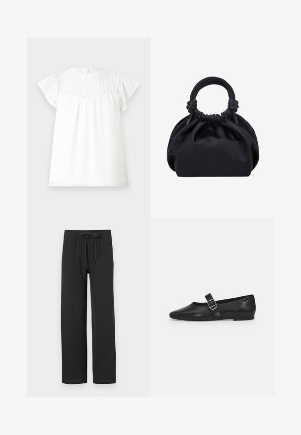 Weißes Kurzarmshirt mit einem strukturierten Spitzenansatz, Rüschenschultern und einem gerafften Oberteil. Schlüsselspaltverschluss im Rücken mit gewelltem Rand.; Schwarze Hose mit lockerer Passform, aus strukturiertem Stoff gefertigt, mit elastischem Bund und Zugband für anpassbare Größe.; Schwarzer Lederflatschuh mit runder Zehenform, einem verstellbaren Schnallenriemen und einer glatten, glänzenden Oberfläche. Minimalistisches Design mit einem niedrigen Absatz.; Schwarze weiche Stoffhandtasche mit gerafftem oberen Rand und runden, gepolsterten Griffen, die auf jeder Seite mit Knoten gebunden sind.
