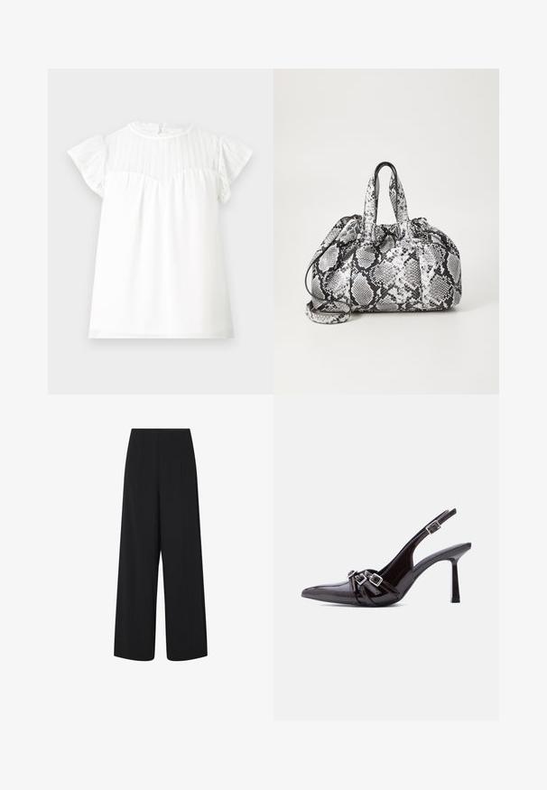 Hvid kortærmet top med en tekstureret blondeindsats, flæseærmer og en samlet bisk. Nøglehulslukning bagpå med en bølget kant.; Black wide-leg cropped bukser med høj talje og sidelommer, med subtile lodrette sømdetaljer.; Sort slingback højhælet sko i laklæder med spids tå og tre dekorative spænder over vristen.; Håndtaske med sort og hvid slidmønster, to håndtag, snøre lukning og aftagelig skulderrem. Glat tekstur.