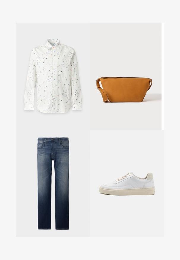 Chemise blanche à manches longues boutonnée avec de petits motifs abstraits multicolores dispersés de coups de pinceau et un col classique.; Jean droit en denim bleu foncé. Comprend cinq poches, une fermeture éclair et un bouton. Texture légèrement décolorée au niveau des cuisses. Tissu en denim.; Sneaker blanche avec un dessus en cuir lisse, des lacets beige et un onglet de talon en daim beige texturé. Semelle surélevée pour une hauteur supplémentaire.; Sac bandoulière en cuir marron clair avec sangle réglable et fermeture éclair, présenté sur un fond clair uni.