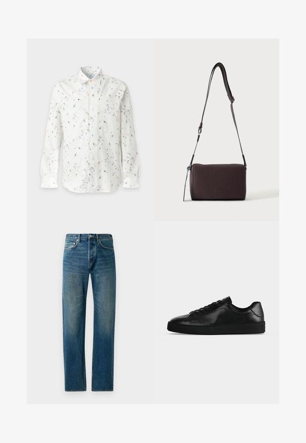 Chemise blanche à manches longues boutonnée avec de petits motifs abstraits multicolores dispersés de coups de pinceau et un col classique.; Jeans en denim bleu avec une coupe droite, présentant un style à cinq poches, un léger délavage et des accents de couture contrastants.; Sneaker noir en cuir à profil bas avec lacets sur le devant et semelle plate texturée, montré de profil sur un fond neutre.; Sac bandoulière en cuir marron foncé texturé avec une sangle réglable et un petit accent décoratif bleu sur le côté.