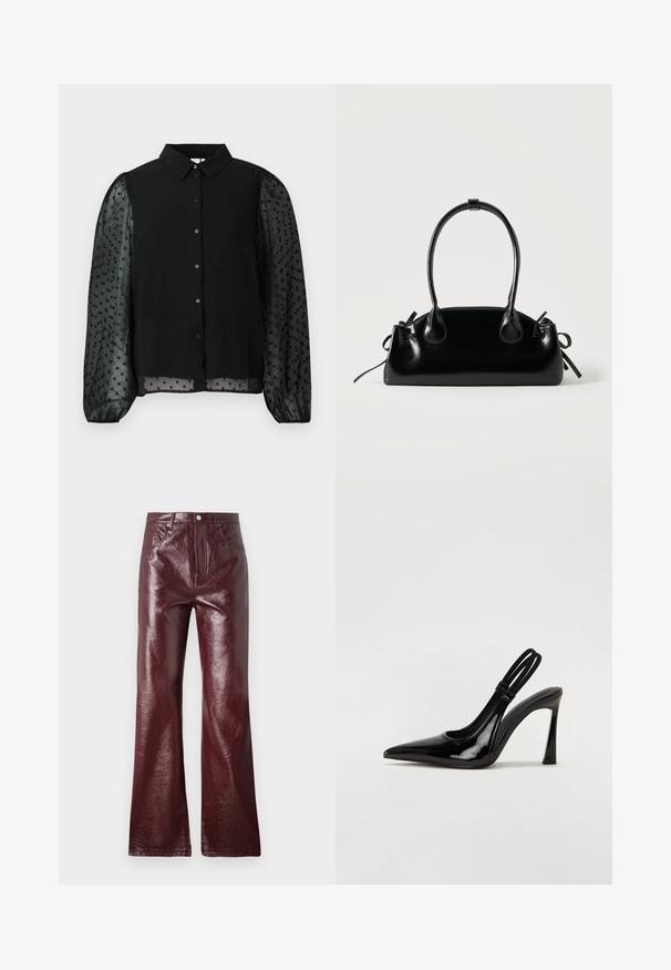 Schwarze Bluse mit einem einfarbigen Oberteil mit strukturierten Punkten und durchsichtigen Puffärmeln. Knopfverschluss vorne, runder Kragen und gesäumte Ärmel.; Vero Moda VMTESSA WIDE VINYL - Stoffhose - winetasting; Schwarze Lackleder Slingback-Pumps mit spitzem Zehenbereich, schlankem hohen Absatz und doppeltem elastischen Riemen für einen sicheren Sitz. Glatte, glänzende Oberfläche.; Kleine schwarze glänzende Handtasche mit zwei langen Griffen und seitlichen Kordelzug-Details vor einfachem hellem Hintergrund.