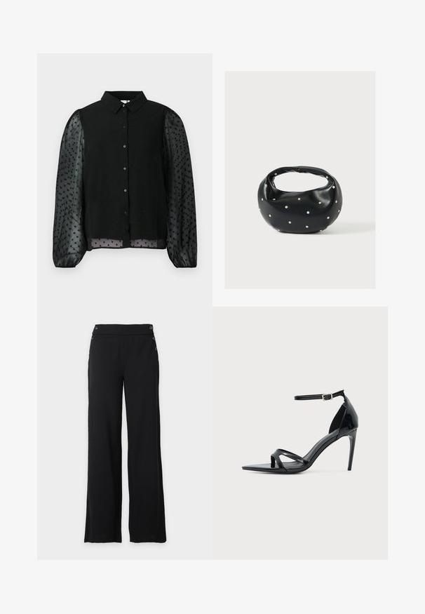 Schwarze Bluse mit einem einfarbigen Oberteil mit strukturierten Punkten und durchsichtigen Puffärmeln. Knopfverschluss vorne, runder Kragen und gesäumte Ärmel.; Schwarze, weit geschnittene Hose mit hohem Bund und dekorativen Knöpfen vorne und an den Seiten.; Schwarze Sandale aus Lackleder mit hohem Absatz, dünnem Knöchelriemen, offenem Zehenbereich und minimalistischem Design auf hellem, einfarbigem Hintergrund.; Schwarze Lederhandtasche mit abgerundeter Form, verziert mit silbernen Nietenakzenten und kurzem Griff. Glatte Struktur und Reißverschlussverschluss.