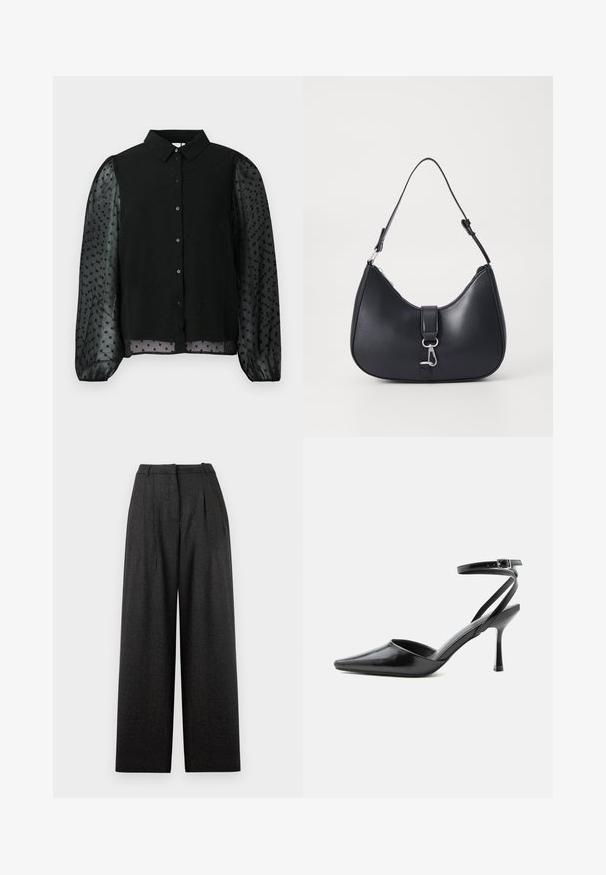 Schwarze Bluse mit einem einfarbigen Oberteil mit strukturierten Punkten und durchsichtigen Puffärmeln. Knopfverschluss vorne, runder Kragen und gesäumte Ärmel.; Weite Hosen in einem dunkelgrauen Karomuster, mit hoher Taille, Falten und einer strukturierten Passform. Hergestellt aus strukturiertem Stoff.; Schwarzer spitzer High Heel mit dünnen Knöchelriemen und silberner Schnalle auf einfachem hellem Hintergrund.; Pieces PCLIKA SHOULDER BAG - Handtasche - black