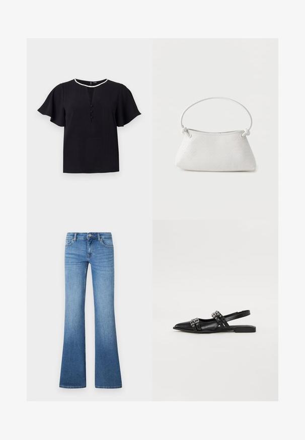 Haut noir à manches courtes en tissu texturé, col rond et trois boutons sur le devant. Bordé d'un contraste blanc.; Jean flare bleu clair en denim. Comprend un design à cinq poches, une fermeture par bouton métallique et un léger délavage près des genoux.; Even&Odd by Zalando Ballerines à brides arrière - black; Sac à main en cuir tressé blanc avec poignée arrondie et extrémités de lanière nouées, présenté sur un fond uni.