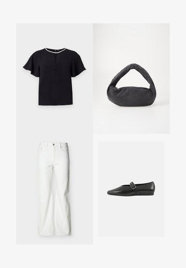 Sort kortærmet top med tekstureret stof, rund halsudskæring og tre knapper foran. Kantet med en kontrasterende hvid kant.; Hvide jeans med høj talje og lige ben, med forreste knap, lynlåslukning samt sidelommer og baglommer, mod en ensartet lys baggrund.; Sorte læder flade sko med spidse tæer, prydet med en metallisk spænde over vristen og en lav, fleksibel sål.; Mørkegrå stofpose med et buet håndtag, blød tekstur og rund form. Ingen synligt hardware eller pynt.