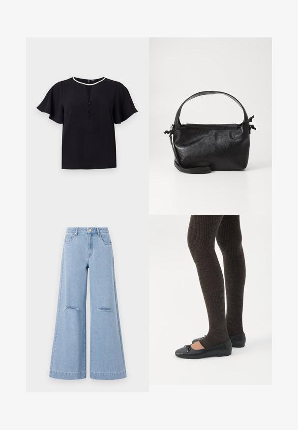 Sort kortærmet top med tekstureret stof, rund halsudskæring og tre knapper foran. Kantet med en kontrasterende hvid kant.; Lyseblå bredbenede jeans med høj talje, der har to forlommer og to slidte knædetaljer, fremstillet af denimmateriale.; Ben iført mørke ribbede leggings kombineret med sorte balletsko med små sløjfedetaljer på hvid baggrund.; Sort læderhåndtaske med et struktureret design, rund tophåndtag og aftagelig skulderrem. Den har en glat tekstur og en subtil glans.