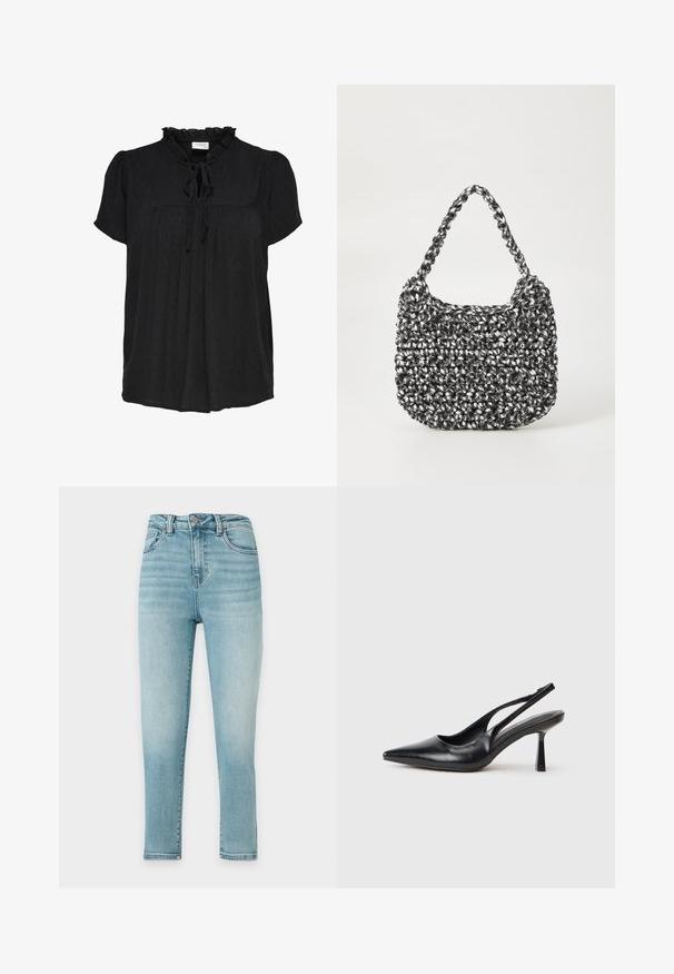 Blouse noire à manches courtes avec un col à volants et un détail à nouer. Présente un motif de points texturé et un design plissé à l'avant. Tissu doux.; Jean skinny bleu clair taille haute avec poches devant et dos, fermeture à bouton et à glissière, présenté sur fond blanc uni.; Chaussure à talon haut en cuir noir, à bride arrière, avec un bout pointu et un talon fin sur fond blanc.; Sac en osier noir et blanc de forme arrondie, avec une surface texturée et une poignée tressée. Convient à un usage décontracté.