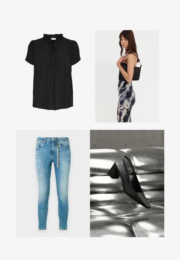 Zwarte kortermige blouse met een gerimpelde halslijn en strikdetail. Heeft een gestructureerd stippenpatroon en een geplooid voorkantontwerp. Zachte stof.; Lichtblauwe skinny jeans met lichte vervaging en een gouden sleutelhanger aan de riemlus aan de voorkant rechts.; Zwarte slingback hak met een puntige neus, voorzien van een getextureerd oppervlak en een stevige blokhak. Geplaatst tegen een glanzende, metallic achtergrond.; Zwarte gewatteerde schoudertas met een enkele strap en zilveren hardware, gecombineerd met een fitted, tie-dye patroon jurk in tinten zwart en crème.