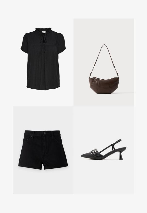 Blusa negra de manga corta con escote con volantes y detalle de lazo. Presenta un patrón de puntos texturizados y un diseño de pliegues en el frente. Tejido suave.; Pantalones cortos de mezclilla negra con una cintura alta, diseño de cinco bolsillos, cierre de botón y un acabado limpio sin adornos.; Simmi London DALA - Tacones - black; Bolso de hombro de cuero marrón con fondo curvado y correa ajustable sobre un fondo claro y liso.