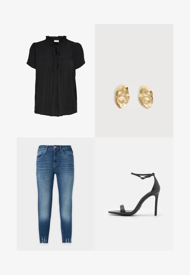 Zwarte kortermige blouse met een gerimpelde halslijn en strikdetail. Heeft een gestructureerd stippenpatroon en een geplooid voorkantontwerp. Zachte stof.; Blauwe skinny jeans met verwassen details, voorzakken, riemlussen, knoopsluiting en beschadigde zomen.; Zwarte hoge hakken sandalen met een open teen, dunne banden en een enkelsluiting. Gladde leren textuur met een puntige neus.; Een paar glanzende, onregelmatig gevormde gouden metalen oorbellen met een gekreukeld, glad oppervlak op een effen lichte achtergrond.