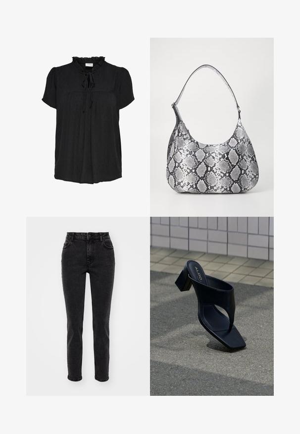 Blouse noire à manches courtes avec un col à volants et un détail à nouer. Présente un motif de points texturé et un design plissé à l'avant. Tissu doux.; Jeans en denim noir avec une coupe droite, un design à cinq poches, des passants de ceinture standards et une texture lisse. Fermeture à bouton à l'avant.; Sandale à talon noire avec bout carré et large bride, posée sur un bitume gris près d'un mur carrelé.; Sac à épaule en simili cuir noir et blanc avec imprimé serpent, de forme arrondie, texture lisse et bandoulière incurvée. Présente un accent en matériel argenté.