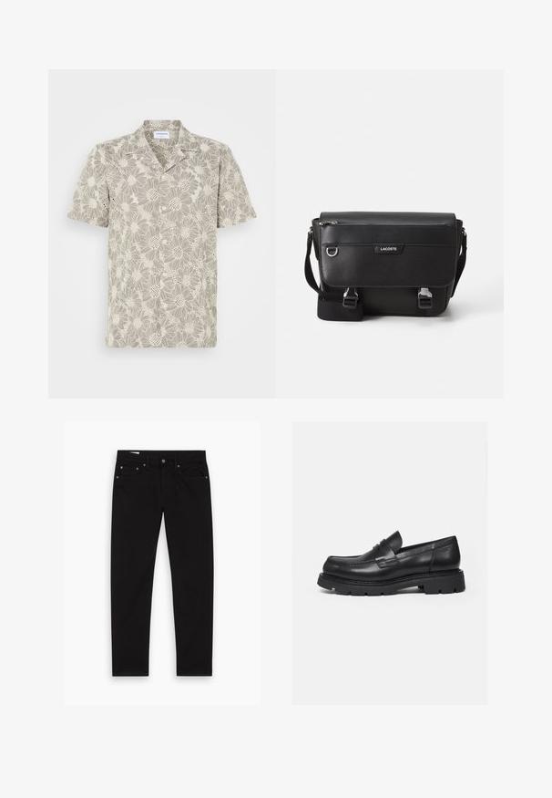 Kurzarmhemd in hellem Beige mit floralem Spitzenmuster, Knöpfen vorne und klassischem Kragendesign.; Schwarze gerade Jeans mit Vorder- und Gesäßtaschen, Gürtelschlaufen sowie einem Knopf- und Reißverschluss, flach auf einem weißen Hintergrund ausgelegt.; Schwarzer Lederloafer mit dicker, profilierter Sohle und Pennyriemen-Detail, von der rechten Seitenansicht auf weißem Hintergrund gezeigt.; Schwarze, strukturierte Lacoste-Umhängetasche mit verstellbarem Tragegurt, Frontklappe, Reißverschlusstasche und Metallschnallen.