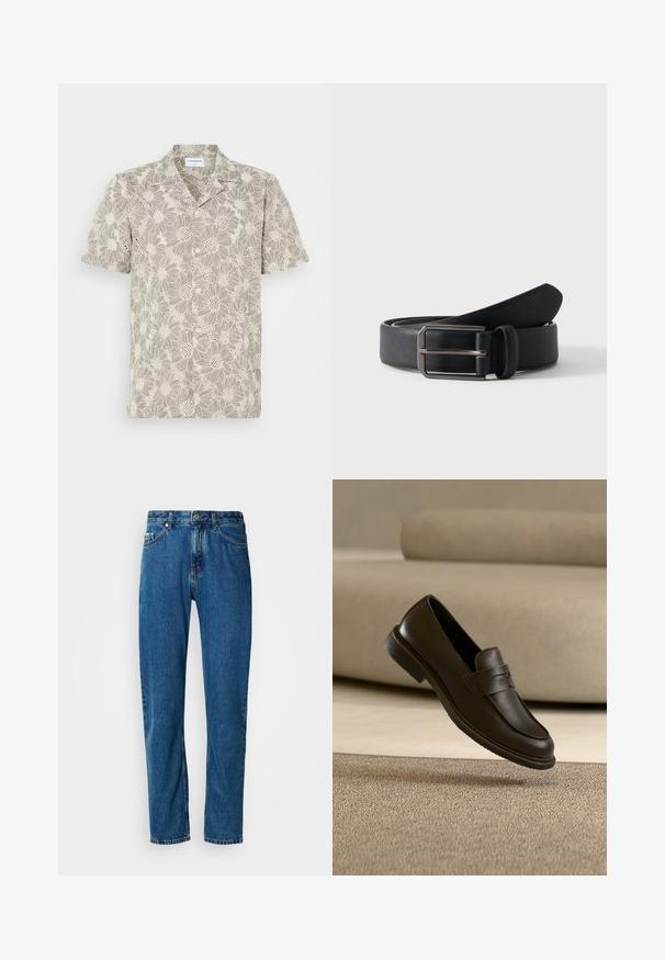 Kurzarmhemd in hellem Beige mit floralem Spitzenmuster, Knöpfen vorne und klassischem Kragendesign.; Blaue gerade geschnittene Jeans aus Denim mit fünf Taschen und vorderem Knopfverschluss vor einem weißen Hintergrund.; Ein einzelner dunkelbrauner Lederloafer schwebt über einem beigen, strukturierten Teppich, mit einem unscharfen beigen Sofa im Hintergrund.; Schwarzer Ledergürtel, zusammengerollt mit rechteckiger silberner Metallschnalle auf schlicht hellem Hintergrund.