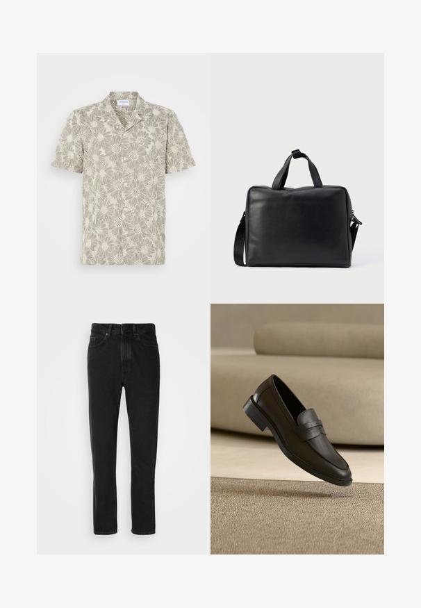 Kurzarmhemd in hellem Beige mit floralem Spitzenmuster, Knöpfen vorne und klassischem Kragendesign.; Schwarze Denim-Jeans mit geradem Beinschnitt, ausgestattet mit einem Knopf- und Reißverschluss, Fronttaschen und subtiler Textur.; Schwarzer Lederloafer, der auf einem beigen Teppich liegt, mit einem gebogenen beigen Sofa im Hintergrund.; Schwarze Leder-Reisetasche mit rechteckiger Form, zwei Griffen, abnehmbarem Schulterriemen und minimalen Verzierungen.