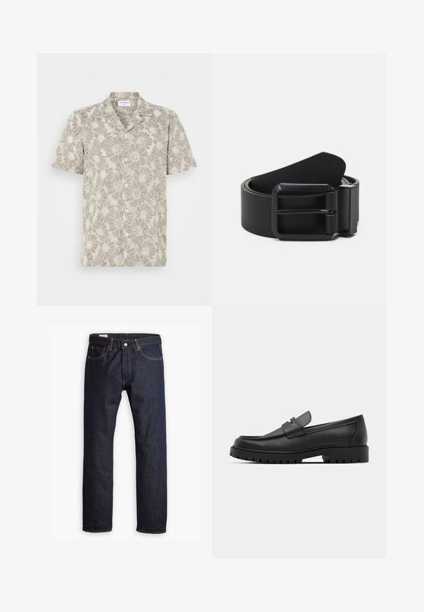Korteærmet skjorte i lys beige med blomstret blonde mønster, knapper foran og en klassisk kravedesign.; Mørkeblå denimjeans med lige ben, orange syninger og fem lomme-design med metalspænde.; Sorte læder loafers med rund tå, der har et syet design, lav platformssål og en struktureret, skridsikker gummisål.; Sort læderbælte med en mat sort metalspænde, der har en flad, glat overflade og en spids ende. Enkel design uden udsmykninger.