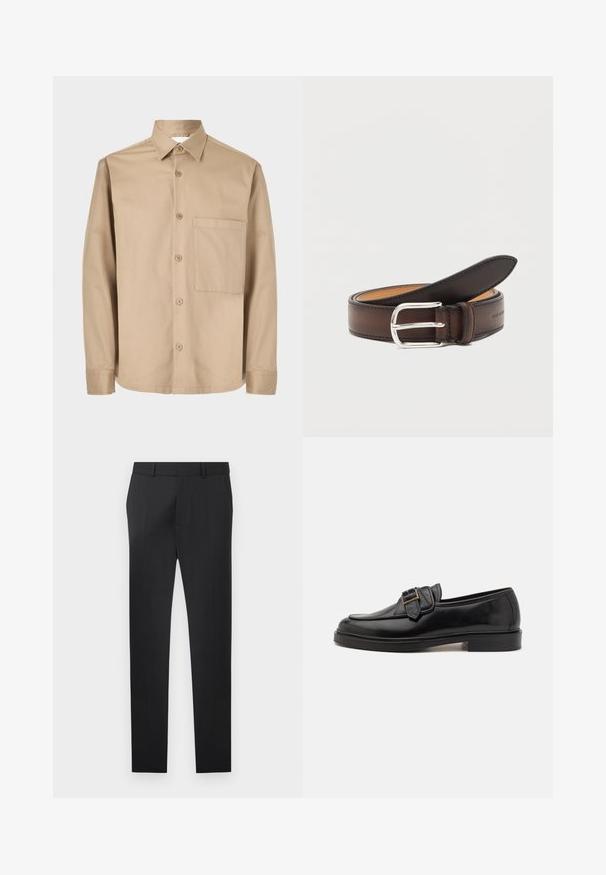 Chemise beige à manches longues avec boutons, col pointu et une seule poche plaquée sur le côté gauche de la poitrine.; Pantalon noir formel coupe slim avec passants de ceinture, fermeture éclair frontale et design à plat sur un fond clair uni.; Mocassins en cuir noir avec un bout arrondi et une boucle décorative. Talon plat, solide et texture lisse sur l'ensemble.; Ceinture en cuir marron foncé roulée avec une boucle rectangulaire argentée sur fond blanc.