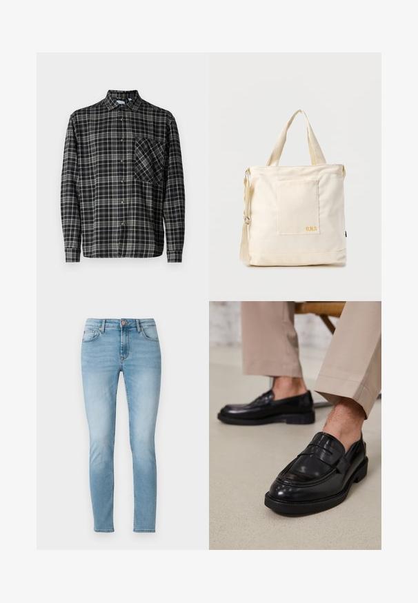 Only & Sons Lumberjack ONSARCHER Lumberjack - Chemise - black; Jean skinny bleu clair en denim, avec taille mi-haute, cinq poches et un léger dégradé sur les cuisses. Fermeture à bouton à la taille.; Mocassins en cuir noir avec une finition lisse, ornés d'une sangle décorative et de coutures contrastées, associés à un pantalon beige.; Sac fourre-tout en toile crème avec poche avant, deux poignées, bandoulière réglable et petit texte jaune "O.N.S" en bas à droite de la poche.