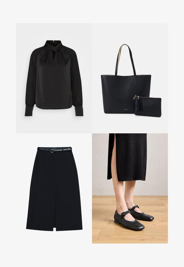 Blouse en satin noir avec un col montant, des détails plissés au niveau du cou, et des manches longues avec des poignets ajustés. Texture lisse, design minimaliste.; Jupe noire à mi-cuisse avec une fente frontale, fabriquée en tissu lisse. Comprend une fine ceinture noire avec une boucle en argent et des passants.; Ballerines Mary Jane en cuir noir avec un petit talon, présentant un bout rond et un détail de boucle sur le côté. Le design texturé améliore l'attrait visuel.; Sac fourre-tout noir avec un matériau texturé, deux longues anses et une pochette zippée amovible avec un détail de pompon. Logo de la marque en orvisible.