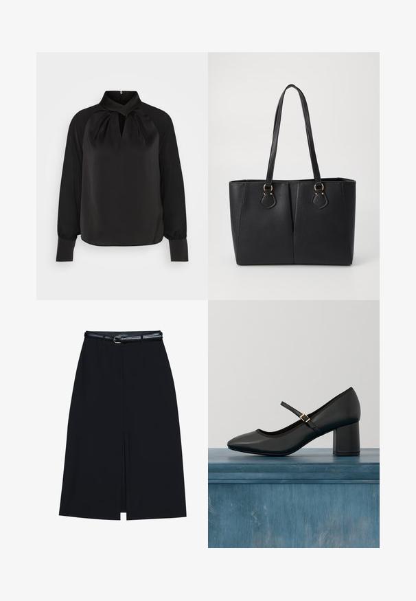 Blouse en satin noir avec un col montant, des détails plissés au niveau du cou, et des manches longues avec des poignets ajustés. Texture lisse, design minimaliste.; Jupe noire à mi-cuisse avec une fente frontale, fabriquée en tissu lisse. Comprend une fine ceinture noire avec une boucle en argent et des passants.; Chaussure Mary Jane noire avec talon carré et sangle à boucle dorée, flottant au-dessus d'un sol en béton lisse dans un cadre intérieur minimaliste.; Sac fourre-tout noir en simili cuir avec une finition texturée, deux longues poignées et des accents en métal doré sur le côté. Shape rectangulaire.