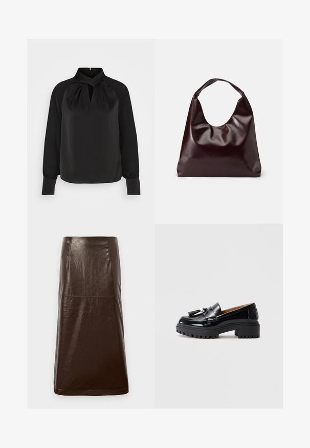 Zwart satijnen blouse met een hoge kraag, geplooide details bij de hals en lange mouwen met aansluitende manchetten. Soepele textuur, minimalistisch ontwerp.; Bruine leren rok met een gladde textuur, rechte silhouet en subtiele glans. Heeft een knie-lange snit en minimale stikdetails.; Zwarte gepatineerde leren loafers met een chunky zwarte zool, voorzien van franjes en een kleine parelaccent. Glad oppervlak en ronde vorm.; Bordeaux, glanzende vegan leren totebag met een zachte, sculpturale vorm en een brede, gebogen handgreep voor makkelijk dragen.