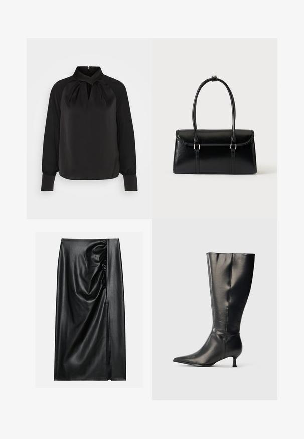 Blouse en satin noir avec un col montant, des détails plissés au niveau du cou, et des manches longues avec des poignets ajustés. Texture lisse, design minimaliste.; Jupe en cuir noir avec une texture lisse, présentant une section froncée sur un côté et une fente sur le côté pour un détail supplémentaire.; Botte en cuir noire montant jusqu'au genou, avec un bout pointu et un petit talon bas, présentée sur un fond clair uni.; Sac à main rectangulaire en cuir noir avec fermeture à rabat et deux longues anses sur fond blanc uni.
