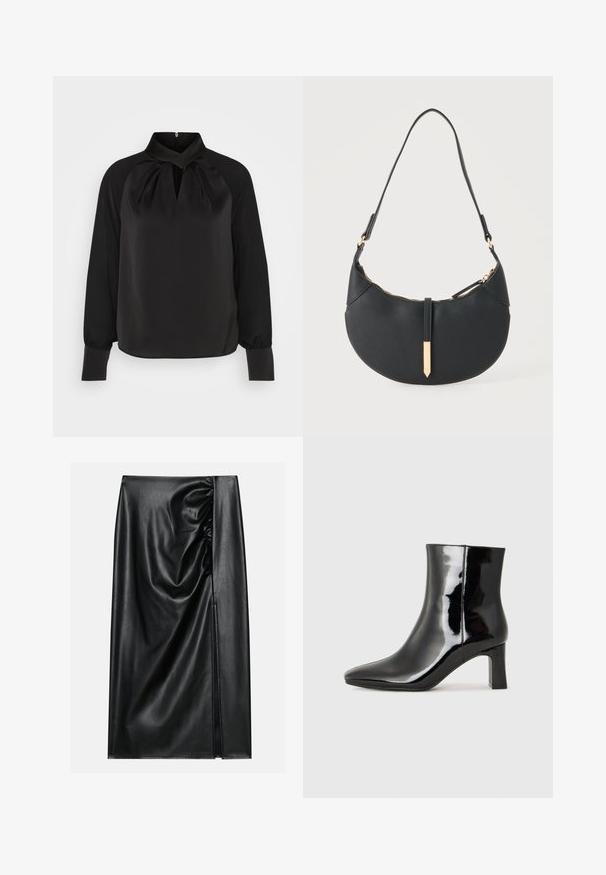 Zwart satijnen blouse met een hoge kraag, geplooide details bij de hals en lange mouwen met aansluitende manchetten. Soepele textuur, minimalistisch ontwerp.; Zwarte leren rok met een soepele textuur, voorzien van een geplooid gedeelte aan één kant en een zijspleet voor extra detail.; Zwarte gepolijste leren enkellaars met een spitse neus en een blokhak van gemiddelde hoogte. Glad textuur en minimalistisch ontwerp.; Zwarte handtas in halve maanvorm met een enkele band, gouden rits en een gouden rechthoekige decoratieve tab aan de voorkant.