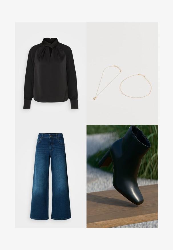 Zwart satijnen blouse met een hoge kraag, geplooide details bij de hals en lange mouwen met aansluitende manchetten. Soepele textuur, minimalistisch ontwerp.; Wijde jeans van donkerblauwe denim. Heeft een hoge taille, knoopsluiting en klassiek vijf-vakken ontwerp met subtiele vervaging.; Zwarte leren enkelboot met blokhak, geplaatst op een houten bankje buiten met gras en witte stenen op de achtergrond.; Twee delicate gouden kettingen liggen op een witte ondergrond; de ene met een ronde parelmoer hanger, de andere een eenvoudige kettingarmband.