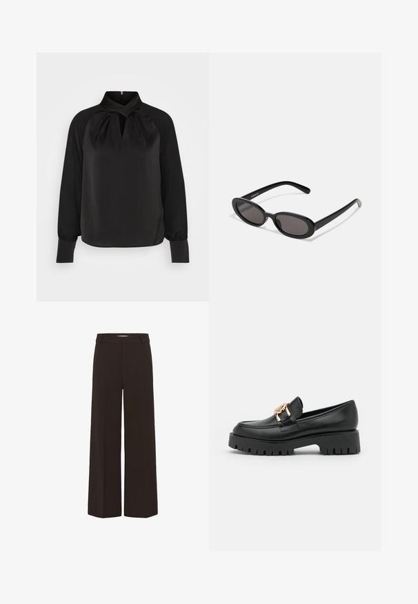 Zwart satijnen blouse met een hoge kraag, geplooide details bij de hals en lange mouwen met aansluitende manchetten. Soepele textuur, minimalistisch ontwerp.; Zwarte broek met wijde pijpen, met riemlussen en een voornaaddetail, ontworpen voor een formele of zakelijke casual uitstraling.; Zwarte leren loafer met een robuuste zool en gouden hardwareaccent; heeft een ronde punt en gestikte details langs het bovenwerk.; Even&Odd Zonnebril - black