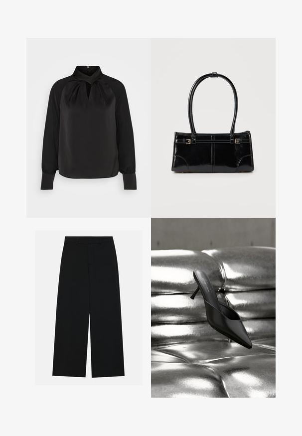 Zwart satijnen blouse met een hoge kraag, geplooide details bij de hals en lange mouwen met aansluitende manchetten. Soepele textuur, minimalistisch ontwerp.; Zwart, wijde broek van een gladde stof. Heeft een plat tailleband met riemlussen en geen zichtbare zakken. Eenvoudig ontwerp.; Zwarte mule met puntige neus en een smalle hak, geplaatst op een glanzend, metallic zilveren gekussende ondergrond.; Glanzend zwart rechthoekig handtasje met twee dunne schouderbanden en kleine gouden gespsdetails aan de voorkant.