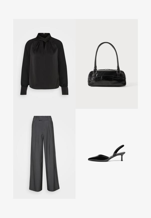 Zwart satijnen blouse met een hoge kraag, geplooide details bij de hals en lange mouwen met aansluitende manchetten. Soepele textuur, minimalistisch ontwerp.; Grijze pinstripe wijdpijptrosers met een flat front, riemlussen en een gestructureerde stofafwerking. Heeft een getailleerde snit en scherpe lijnen.; Zwarte gepolijste leren slingback hakken met een puntige neus, een lage stiletto hak en een elegant, eenvoudig ontwerp zonder versieringen.; Zwarte leren handtas met een rechthoekige vorm, voorzien van een enkele gestructureerde handgreep, zilveren hardware en ritsluiting. Gladde textuur.