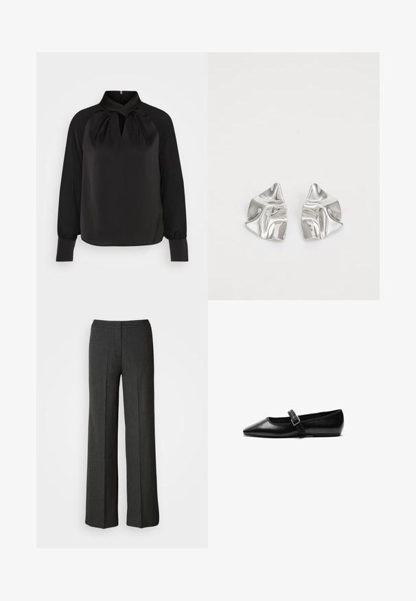 Blouse en satin noir avec un col montant, des détails plissés au niveau du cou, et des manches longues avec des poignets ajustés. Texture lisse, design minimaliste.; Pantalons larges en gris foncé, fabriqués à partir d'un tissu texturé. Dotés d'une taille ajustée et d'un subtil motif à rayures.; Chaussure noire plate en cuir avec un bout pointu, bride réglable avec une boucle en métal, texture lisse et design minimaliste.; Boucles d'oreilles en métal argenté avec un design ondulé et sculptural, présentant une finition polie et des formes irrégulières, mettant en valeur une esthétique contemporaine.