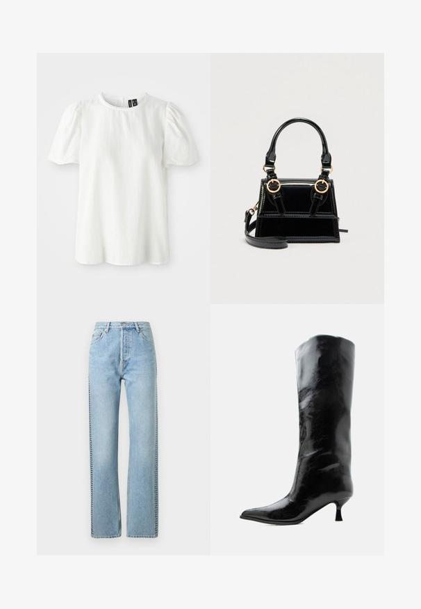 Haut blanc à manches courtes avec un col rond et des manches bouffantes froncées. Présente un bord festonné le long du cou. Tissu doux et texturé.; Jeans en denim bleu clair avec une taille haute, un design à jambe droite et des surpiqûres visibles le long des côtés. Style classique à cinq poches.; Botte en cuir noire brillante, haute jusqu'au genou, avec bout pointu et talon bas courbé sur un fond clair uni.; Sac à main en cuir verni noir avec ferrures dorées, double poignées supérieures et une bandoulière ajustable. Design structuré avec coutures accentuées.