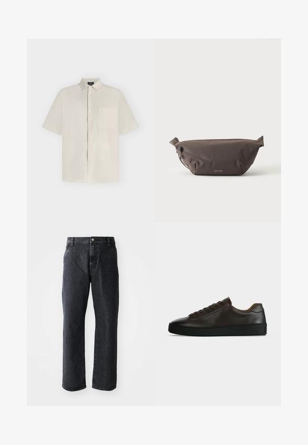 Chemise beige à manches courtes avec boutons, col et poche poitrine, présentée à plat sur un fond clair.; Jeans en denim noir à coupe droite, avec une fermeture à bouton, cinq poches et une texture subtile. Design classique sans motifs proéminents.; Baskets basses en cuir marron foncé avec semelle en caoutchouc noire, lacets à l'avant et design minimaliste épuré sur fond clair.; Sac banane en tissu marron foncé avec poche zippée en diagonale et petit logo blanc sur le devant, sur un fond clair uni.