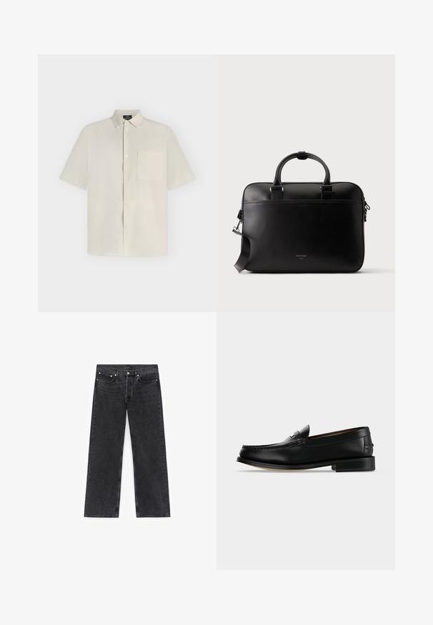 Chemise beige à manches courtes avec boutons, col et poche poitrine, présentée à plat sur un fond clair.; Jean en denim noir avec une coupe à jambes larges, doté de poches avant, d'une fermeture à boutons et d'un léger effet délavé sur la texture du tissu.; Mocassin homme en cuir noir avec un petit talon et une couture de style mocassin sur l'avant, vu de côté sur un fond uni.; Mallette en cuir noir avec doubles poignées, bandoulière amovible et petit texte de logo à l'avant, sur un fond uni clair.