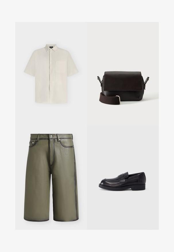 Chemise beige à manches courtes avec boutons, col et poche poitrine, présentée à plat sur un fond clair.; Shorts en cuir vert olive longueur genou avec coutures noires, passants pour ceinture, poches avant et fermeture par bouton à la taille.; Mocassin en cuir noir avec petit talon et bride sur le dessus, logo embossé sur la bride, présenté de profil sur fond blanc.; Sac bandoulière en cuir marron foncé avec fermeture à rabat et sangle en tissu réglable sur fond blanc.
