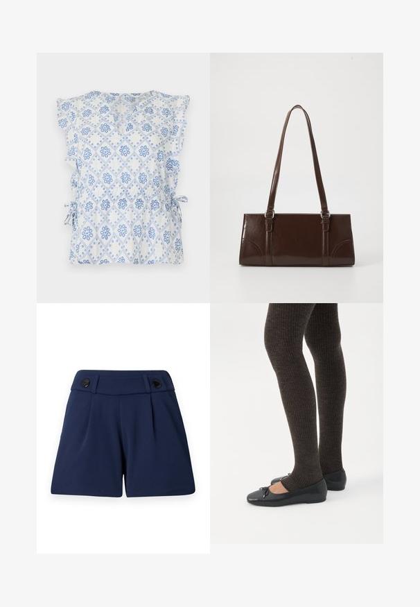 Blouse blanche avec un motif de diamants floraux bleus, manches volantées et liens latéraux pour un ajustement réglable. Tissu léger avec une texture agréable.; Shorts ajustés bleu marine en tissu léger, avec deux plis devant et deux boutons noirs à la taille.; Jambes portant des leggings côtelés foncés associés à des ballerines noires avec de petits détails en nœud sur fond blanc.; Sac à main en cuir verni marron de forme rectangulaire, avec deux longues poignées et des accents courbés subtils à l'avant.