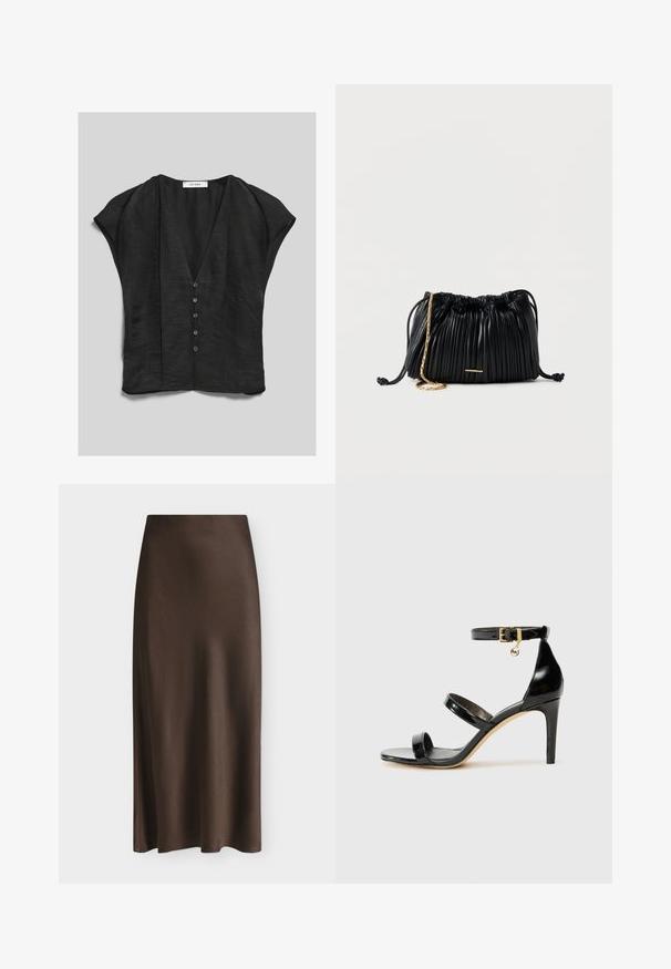 Blouse noire à manches courtes avec col en V et cinq boutons sur le devant, en tissu légèrement texturé et coupe ample.; Jupe midi marron taille haute avec une texture satinée lisse, légèrement brillante et une coupe droite.; Sandale en cuir verni noir avec trois brides, boucle de cheville et talon aiguille de 10 cm. Présente un détail en métal doré et un charm logo.; Sac à main en cuir noir plissé avec cordon de serrage, bandoulière chaîne dorée et petit accent horizontal doré sur le devant.