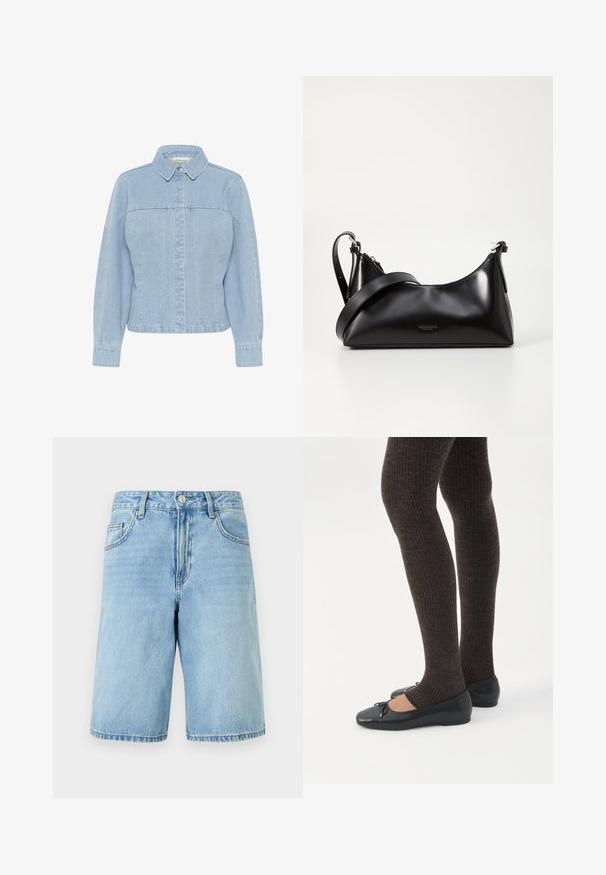 Lichtblauwe denimjack met een puntige kraag, knoopsluiting aan de voorkant, lange mouwen en verticale naaddetails. Glad textuur.; Lichtblauwe denimshorts met knopen en ritssluiting aan de voorkant, riemlussen en steekzakken aan de voorkant, afgebeeld tegen een witte achtergrond.; Benen met donkere geribbelde leggings gecombineerd met zwarte ballerina's met kleine strikdetails op een witte achtergrond.; Zwarte leren handtas met een gladde textuur. Beschikt over een verstelbare schouderband en een strak, minimalistisch ontwerp met een ritssluiting.
