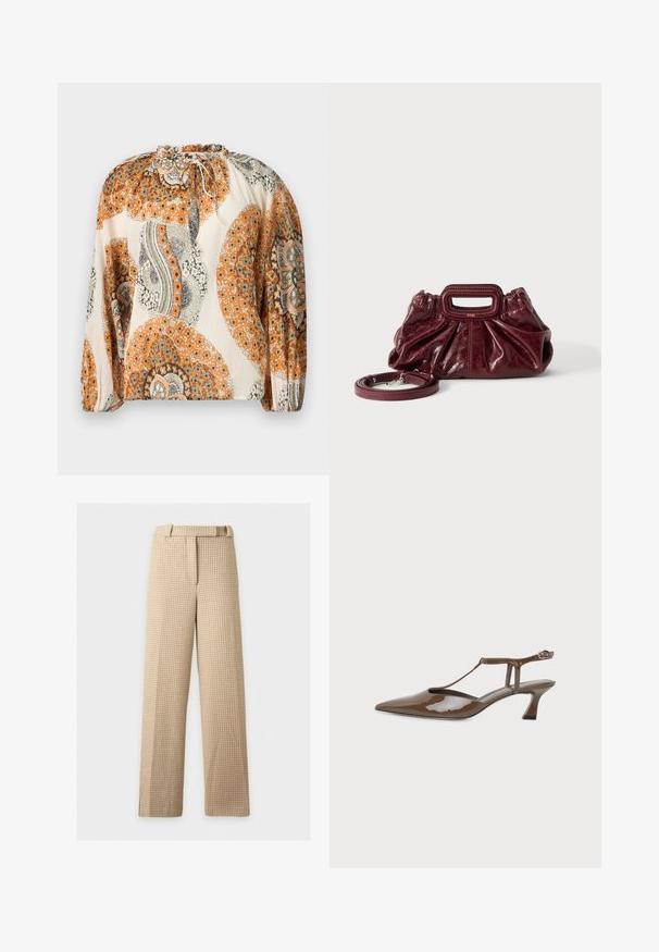 Blouse à manches longues avec encolure à cordon, présentant des motifs floraux et paisley orange, beige et gris sur un fond crème.; Pantalon droit à motif pied-de-poule beige et marron clair, avec passants pour ceinture et fermeture devant sur fond blanc.; Chaussure slingback en cuir verni marron, bout pointu, petit talon kitten, fine bride en T et fermeture à boucle à la cheville.; Petit sac à main en cuir rouge foncé avec texture froncée, poignée rectangulaire découpée pour la main et bandoulière détachable sur fond blanc.
