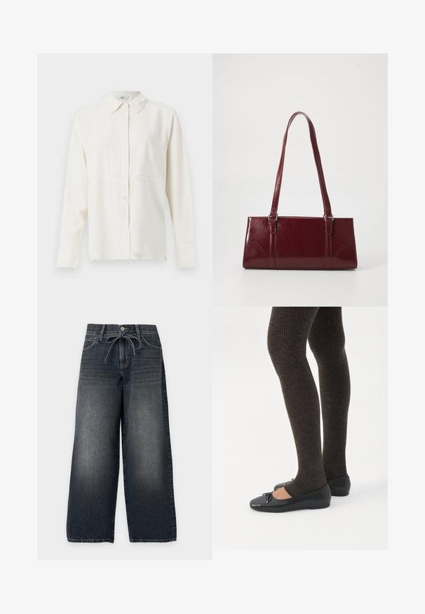 Blouse crème à manches longues avec fermeture à boutons sur le devant et col pointu, tissu lisse et un détail de couture discret sous la poitrine.; Jean denim gris foncé à jambes larges avec boutons sur le devant, poches avant et cordon noué à la taille.; Jambes portant des leggings côtelés foncés associés à des ballerines noires avec de petits détails en nœud sur fond blanc.; Sac à main bordeaux en matériau brillant, de forme rectangulaire, avec deux anses et des accents légèrement courbés à l'avant.