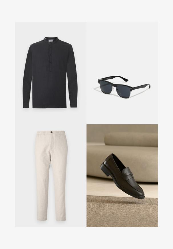 Chemise noire à manches longues avec col mandarin et patte de boutonnage à quatre boutons, présentée sur un fond blanc uni.; Pantalon beige décontracté avec ceinture élastique, fermeture par bouton et jambes droites, en tissu léger texturé.; Chaussure loafer en cuir noir reposant sur un tapis beige avec un canapé beige courbé en arrière-plan.; Lunettes de soleil noires de forme rectangulaire, verres foncés, accents argentés aux tempes et finition mate sur la monture.