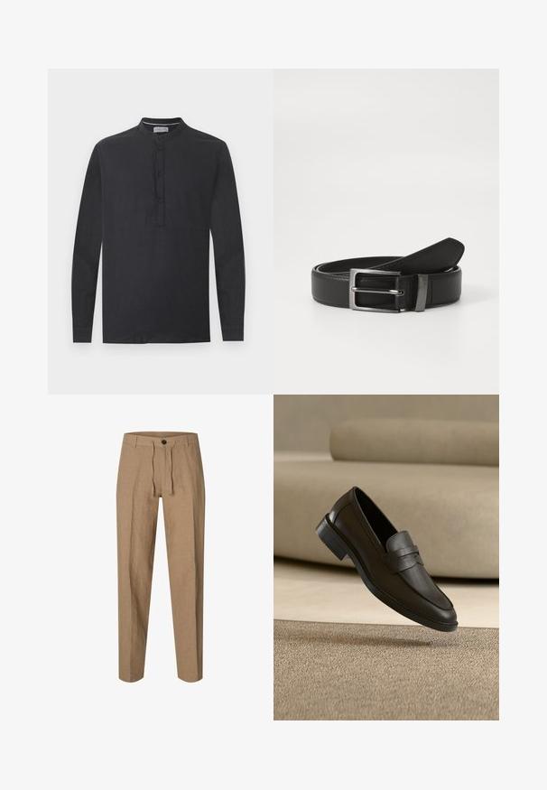 Chemise noire à manches longues avec col mandarin et patte de boutonnage à quatre boutons, présentée sur un fond blanc uni.; Pantalon droit marron clair avec fermeture par bouton et cordon, passants de ceinture et texture subtile du tissu sur fond blanc.; Chaussure loafer en cuir noir reposant sur un tapis beige avec un canapé beige courbé en arrière-plan.; Ceinture en cuir noir avec une boucle en métal argenté, présentant une finition lisse et un design classique. La ceinture est soigneusement pliée.