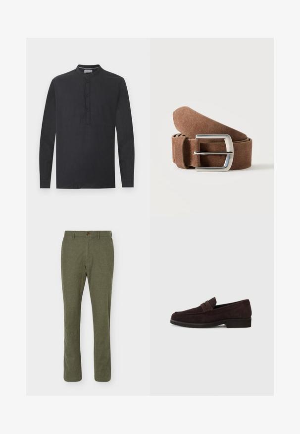 Chemise noire à manches longues avec col mandarin et patte de boutonnage à quatre boutons, présentée sur un fond blanc uni.; Pantalon à jambe droite vert olive avec fermeture par bouton et zip, passants de ceinture, et coupe slim.; Mocassins en daim marron avec une silhouette basse et un embout arrondi. Présentent une sangle décorative sur le dessus, une semelle en caoutchouc plate et sans couture visible.; Ceinture en daim marron roulée avec une boucle rectangulaire en métal argenté sur un fond clair uni.