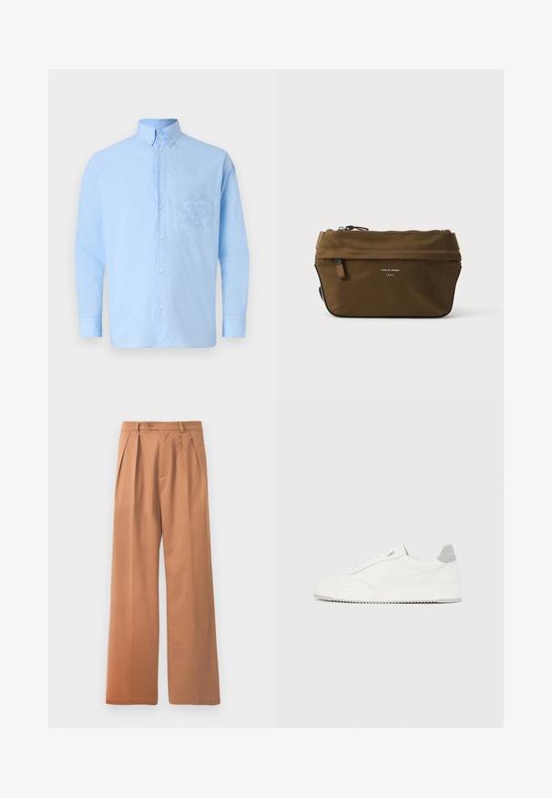Chemise boutonnée à manches longues de couleur bleu clair en coton, avec une poche avant arborant un design graphique détaillé. Texture lisse avec un col classique.; Pantalons larges beiges avec une taille plate, des plis et une fermeture à un bouton à la taille. Texture lisse et design longueur complète.; Baskets basses blanches avec un onglet de talon gris, des lacets blancs et une semelle texturée, présentées sur un fond uni clair.; Trousse rectangulaire marron à fermeture éclair, avec petite poche avant et texte "Tiger of Sweden 1903" sur le devant.
