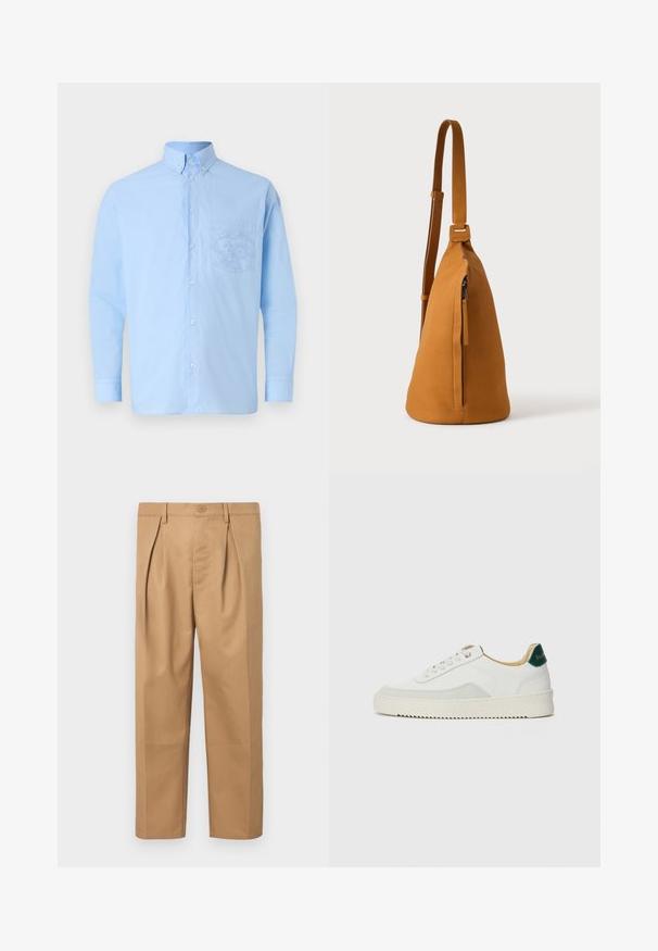 Chemise boutonnée à manches longues de couleur bleu clair en coton, avec une poche avant arborant un design graphique détaillé. Texture lisse avec un col classique.; Pantalons en coton beige avec une coupe décontractée, un design plissé, une taille avec fermeture à bouton, et une coupe droite. Texture lisse sans motifs.; Baskets blanches avec des accents en daim, bout arrondi, lacets plats et semelle en caoutchouc crème. Présente une marque verte sur le talon.; Sac besace en cuir couleur fauve avec sangle réglable et poche verticale zippée, présenté de profil sur un fond clair uni.