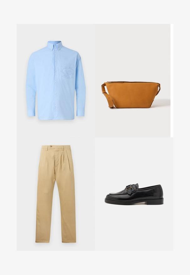 Helleblaue langärmelige Button-Up-Hemd aus Baumwolle, ausgestattet mit einer Fronttasche mit detailliertem Grafikdesign. Glatte Textur mit einem klassischem Kragen.; CLOSED BERGEN TAPERED - Chino - beige; Schwarze Leder-Lederschuhe mit abgerundeter Zehenpartie und dekorativem Schnallenakzent. Flacher, solider Absatz und durchgehend glatte Oberfläche.; Hellbraune Leder-Umhängetasche mit verstellbarem Schulterriemen und Reißverschluss, vor einem schlichten hellen Hintergrund gezeigt.